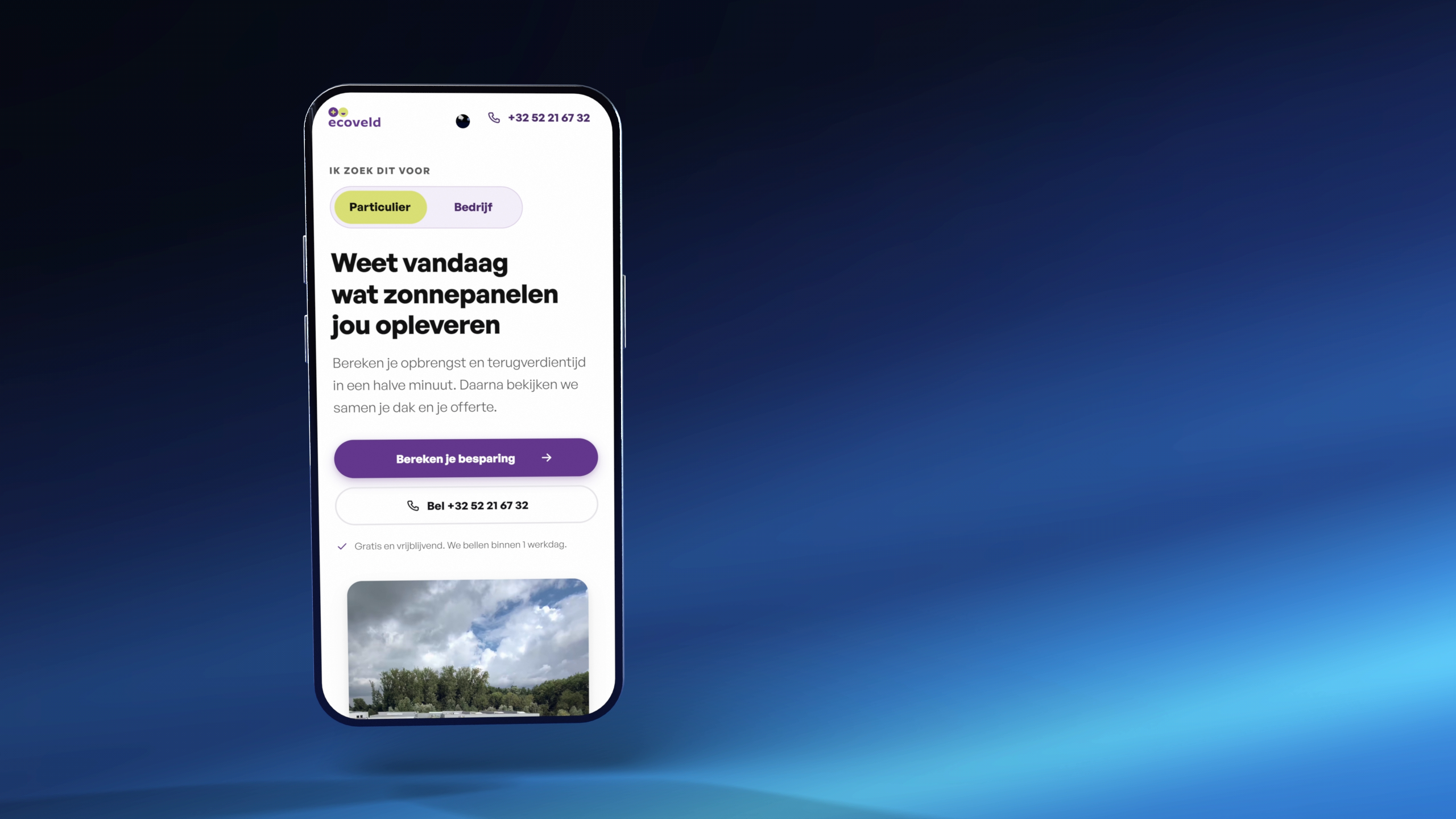 De landingspagina van Ecoveld op een smartphone