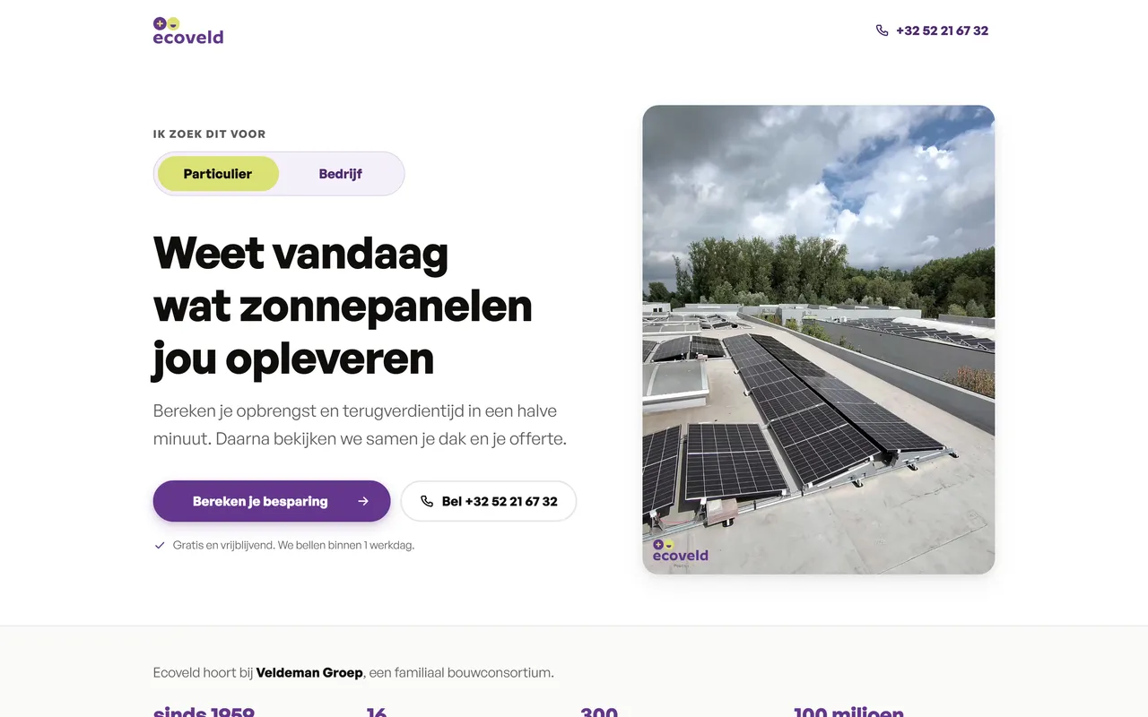 De landingspagina van Ecoveld met de besparingscalculator