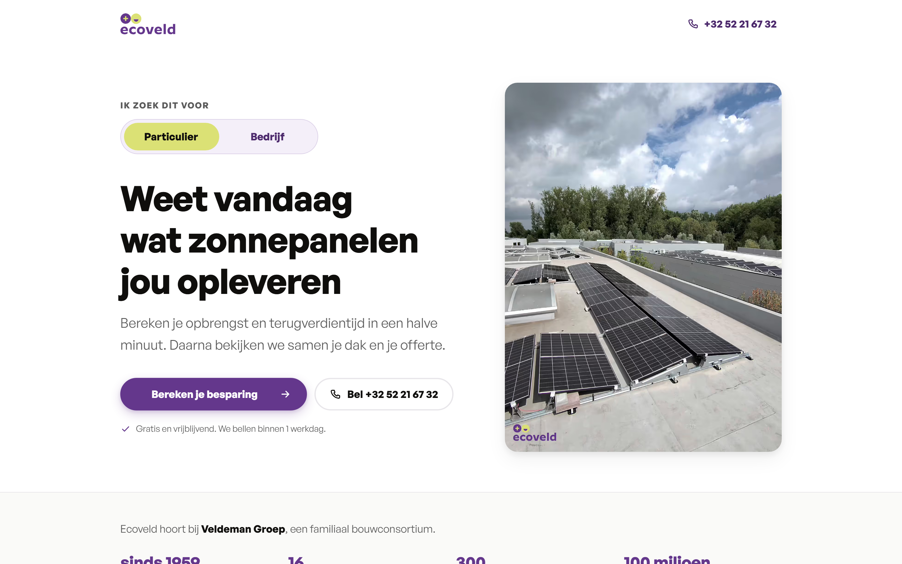De landingspagina van Ecoveld met de besparingscalculator