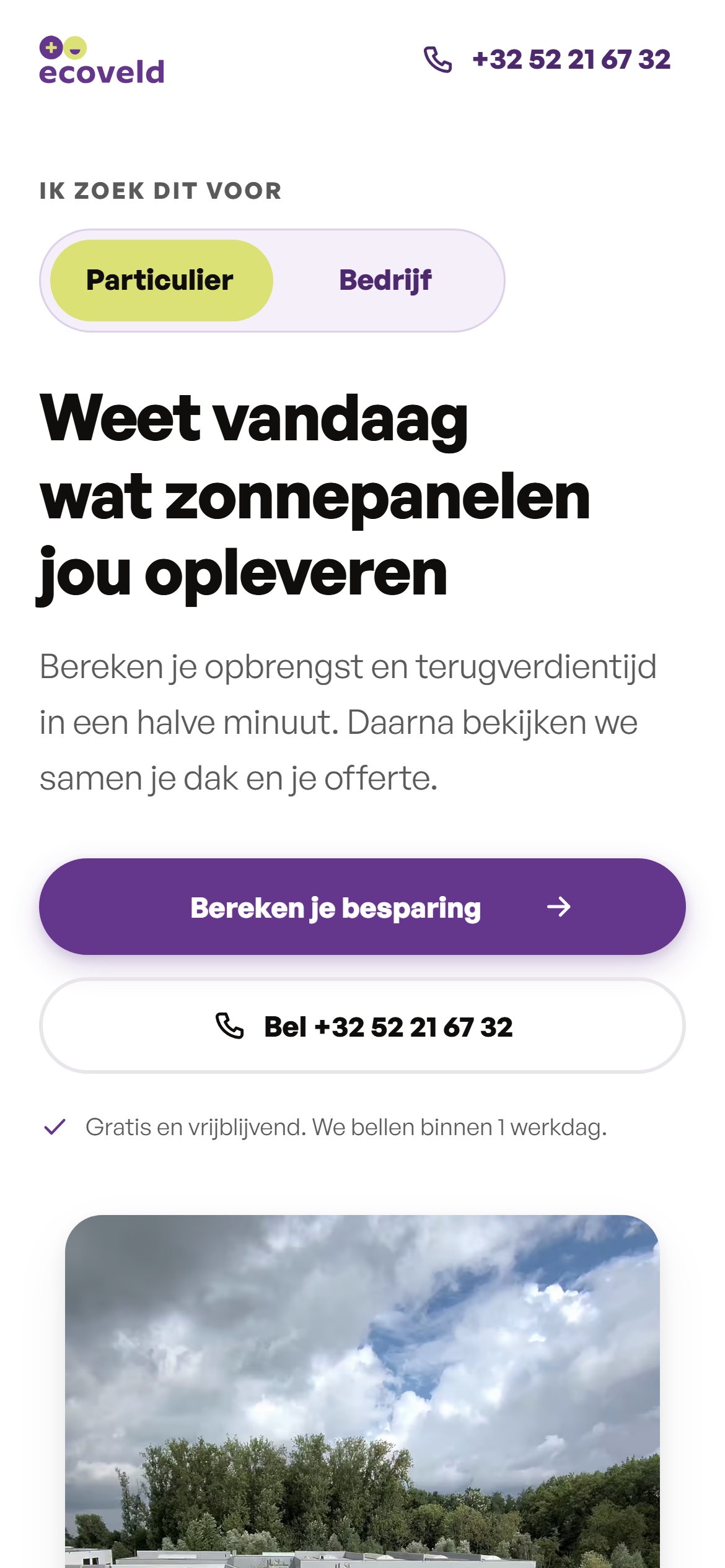 De landingspagina van Ecoveld met de besparingscalculator op een smartphone