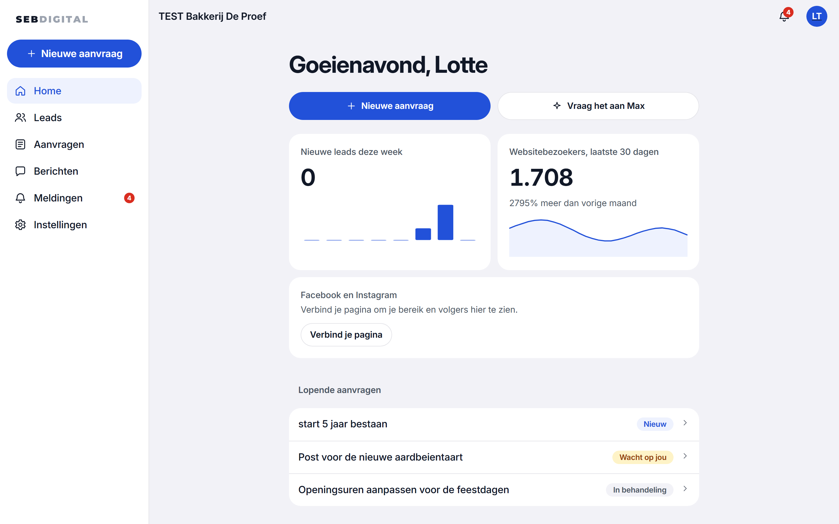 SEB HQ op de computer: de startpagina met leads, websitebezoekers en lopende aanvragen